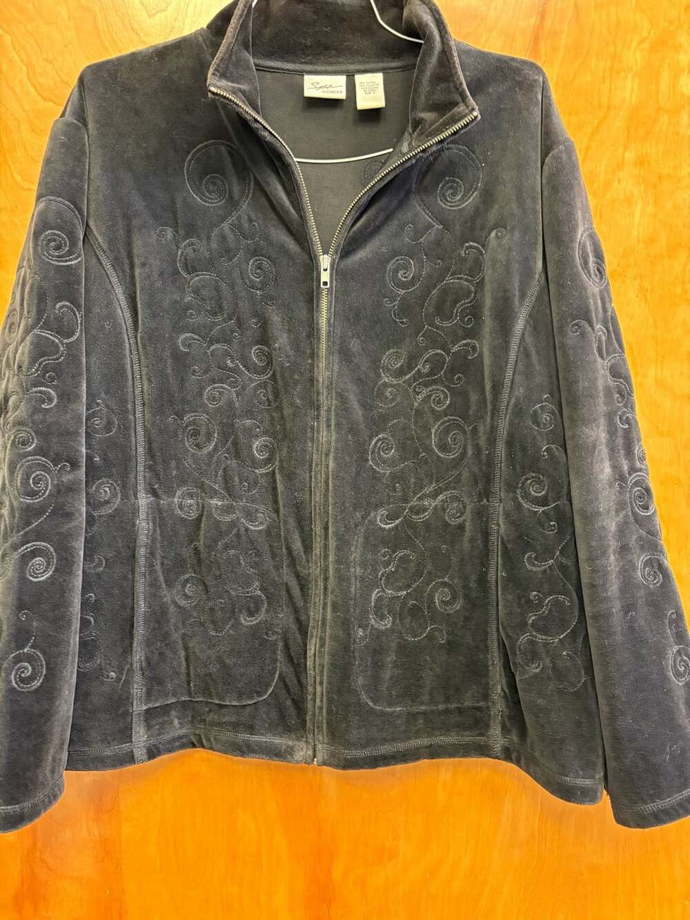Spa By Chico's Zip Up Jacket Size 3 Black Velour Scroll Embroidered